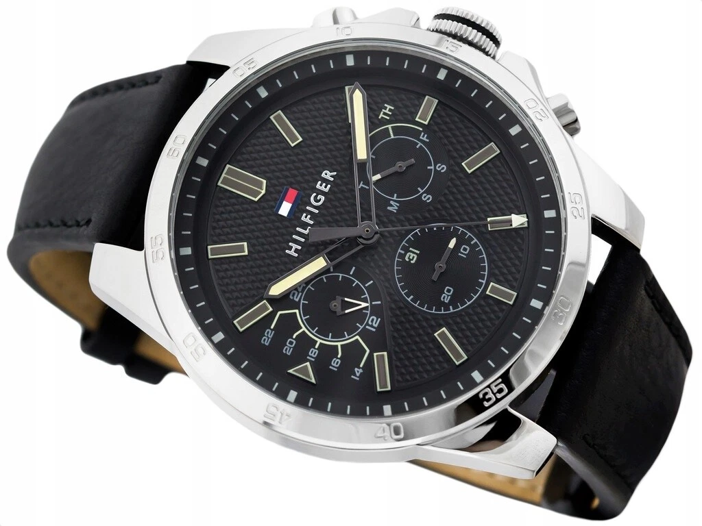 Tommy Hilfiger 1791563 Silver Tone Black Day Date Dial Leather