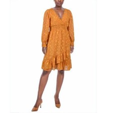 NY Collection Dress Womens Petite PXL Mustard Dots Long Sleeve Ruffle Peasant