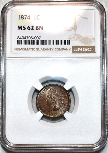 NGC MS-62 BN 1874 Indian Head Cent, irisierend getönt & stark glänzend!