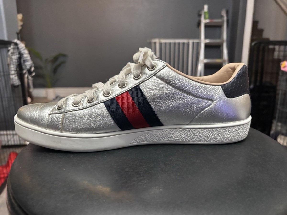 Gucci Ace Metallic Silver Leather Web Sneakers - Size 39 - Used | eBay