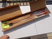 Vintage Box of Old Wooden Recurve Archery Bow Arrows Some w/ Broadheads