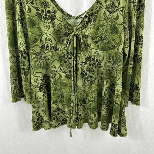 Fashion Bug Y2K Green Forest Geo Print Tie Babydoll 3/4 Sleeve Top Womens XL - Imagen 5 de 10