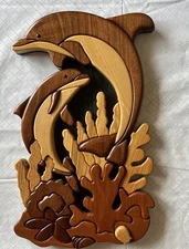 Handcrafted 3D Intarsia Wood Dolphin Wall Plaque Coastal Nautical Beach Decor