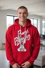 LOONEY TUNES BUGS BUNNY YOUTH M 7-9 RED GRPAHIC BIG PRINT HOODIE PULLOVER