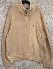 Polo Ralph Lauren Sweater Mens 2XL Cotton Knit Mock Neck 1/4 Zip Pullover Beige