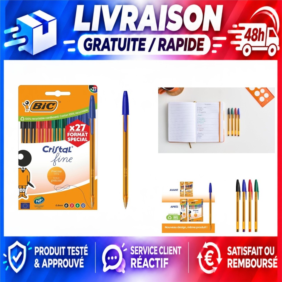 BIC Cristal Original Stylos-Bille Pointe Fine 0,8 mm Boîte de 27