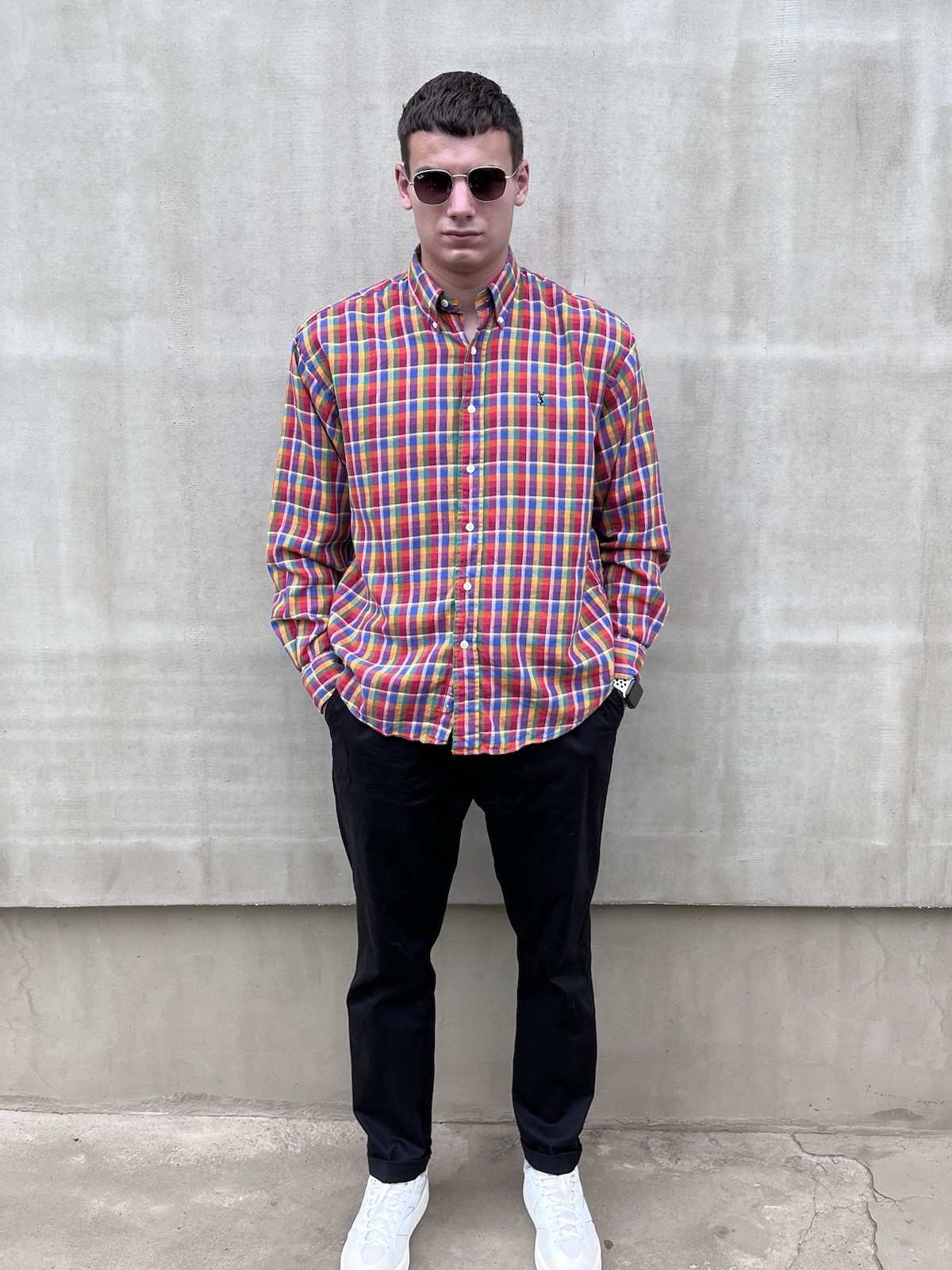 YSL Yves Saint Laurent Camicia Uomo Plaid Cotone Logo Hong Kong Vintage Taglia L