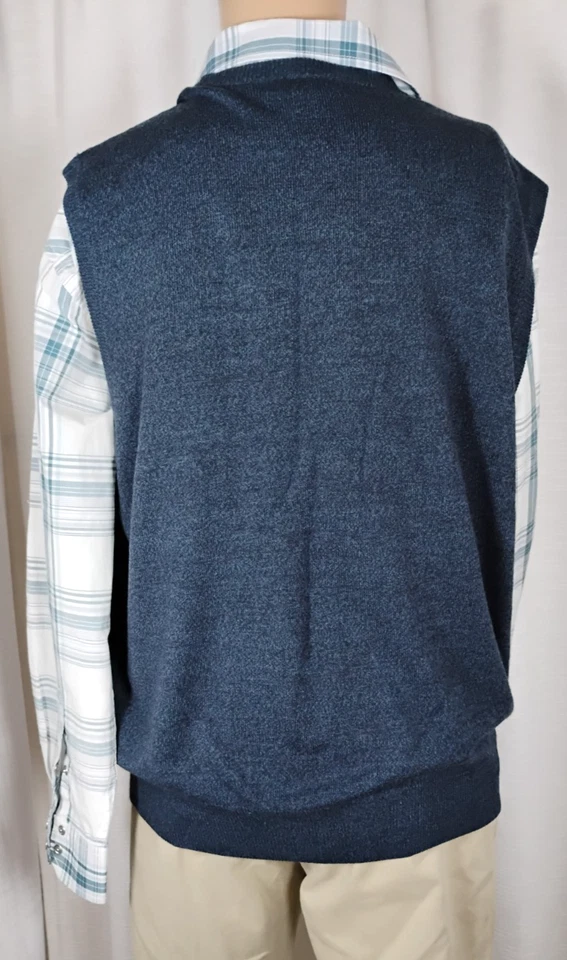 Mens XL Set Blue V-Neck Argyle Sweater Vest +White Blue Plaid Shirt Academia Y2K - Image 3 of 4