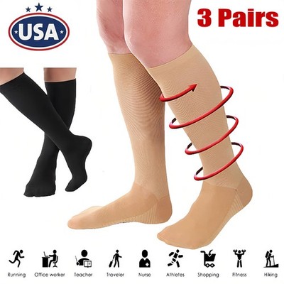 3 Pairs 20-30 mmHg Compression Socks - Knee High Support for Running & Sports US