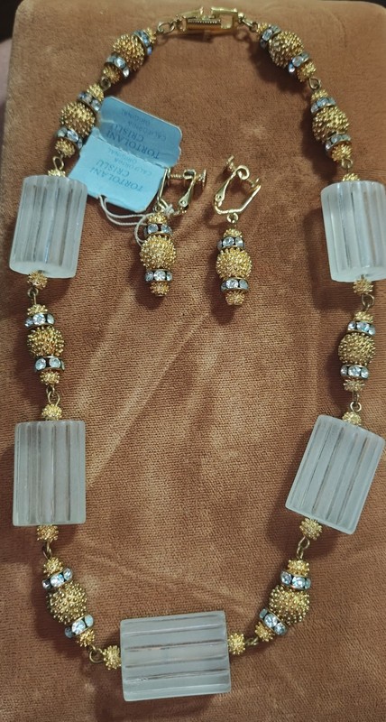 Vintage Tortolani Crislu Goldtone Jeweled Necklace w/Earrings, NWT/Estate