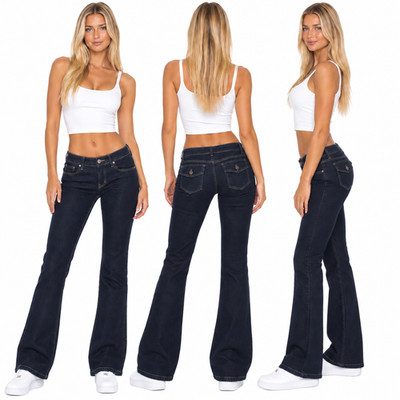Damen Jeans Hose Bootcut Hüftjeans Schlaghose Flared Weites Bein Taschen D93