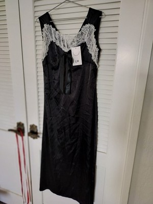 Love + Harmony Black Satin Slip Nightgown Dress White Lace Trim Size Large NWT