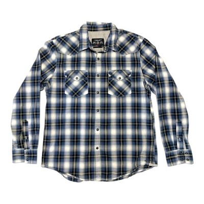 American Eagle Blue Snap Western Shirt Mens Long Sleeve Rockabilly Blue Plaid