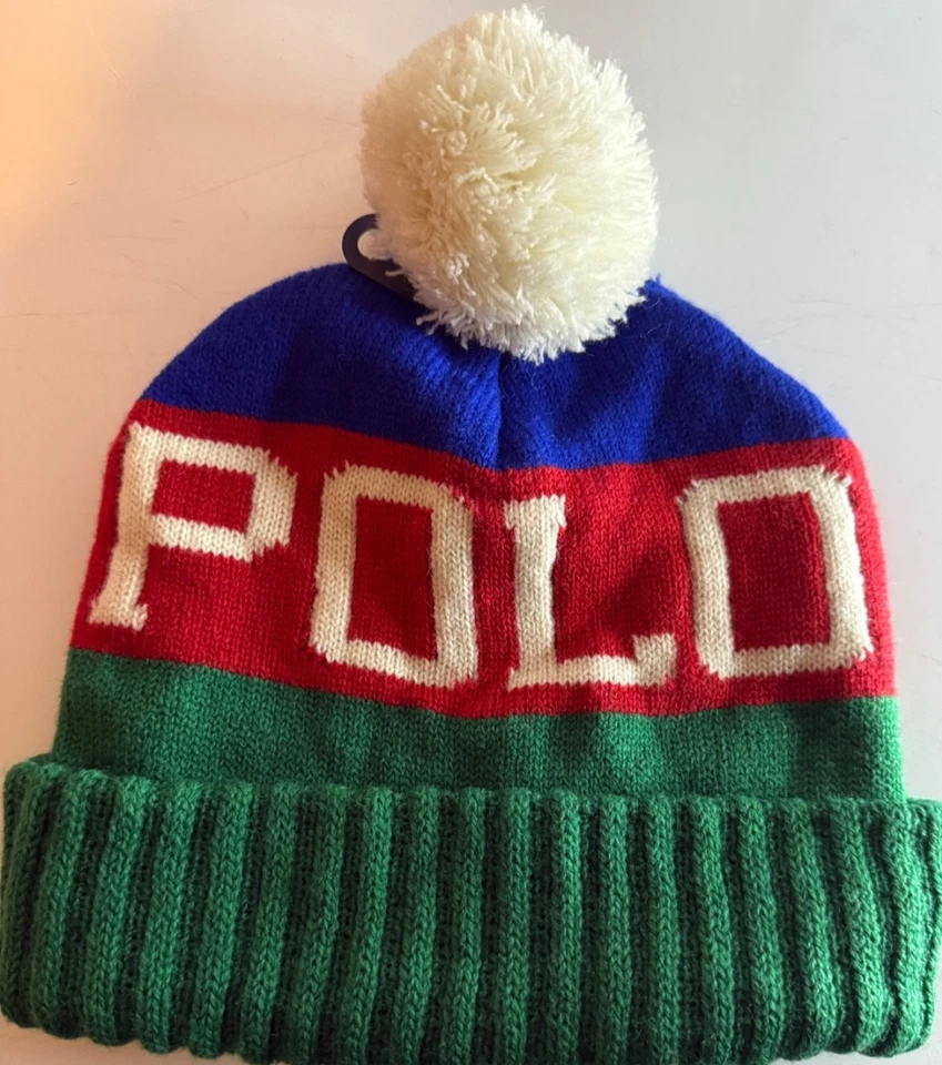 Polo Ralph Lauren VERDE/ROJO Escalada Descenso Esquiador Pom Pom Gorro Esquí Sombrero USADO Foto 2 de 4