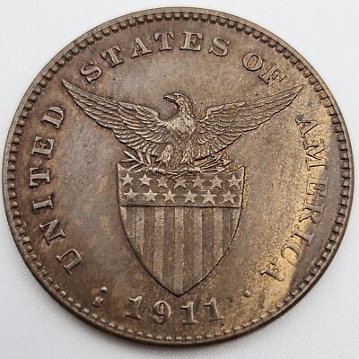 1911-S 1 Centavo AU Philippines US San Francisco Mint Bronze Coin One USA