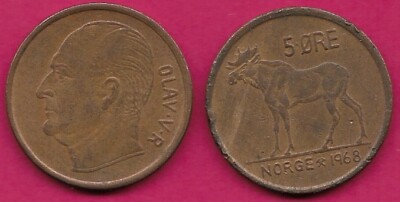 NORWAY 5 ORE 1968 RULER:KING OLAV V,HEAD LEFT,LARGE MOOSE | eBay