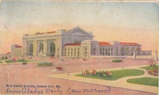  Railroad New Union Station Kansas City MO Postcard, Devoe Velour Paint Adv Back
