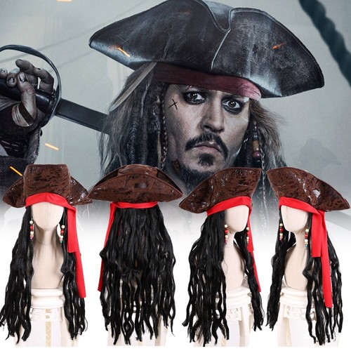 Caribbean Pirate Hat Captain Jack Fancy Dress Up Hair Sparrow with Hair Costume - Picture 18 of 24