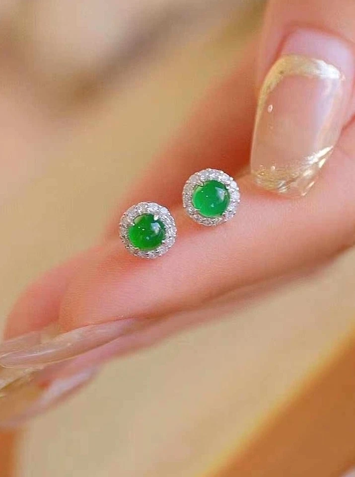 18K White Gold Natural Top Green Type A Jadeite Jade Diamond Earrings — 第 4/4 张图片