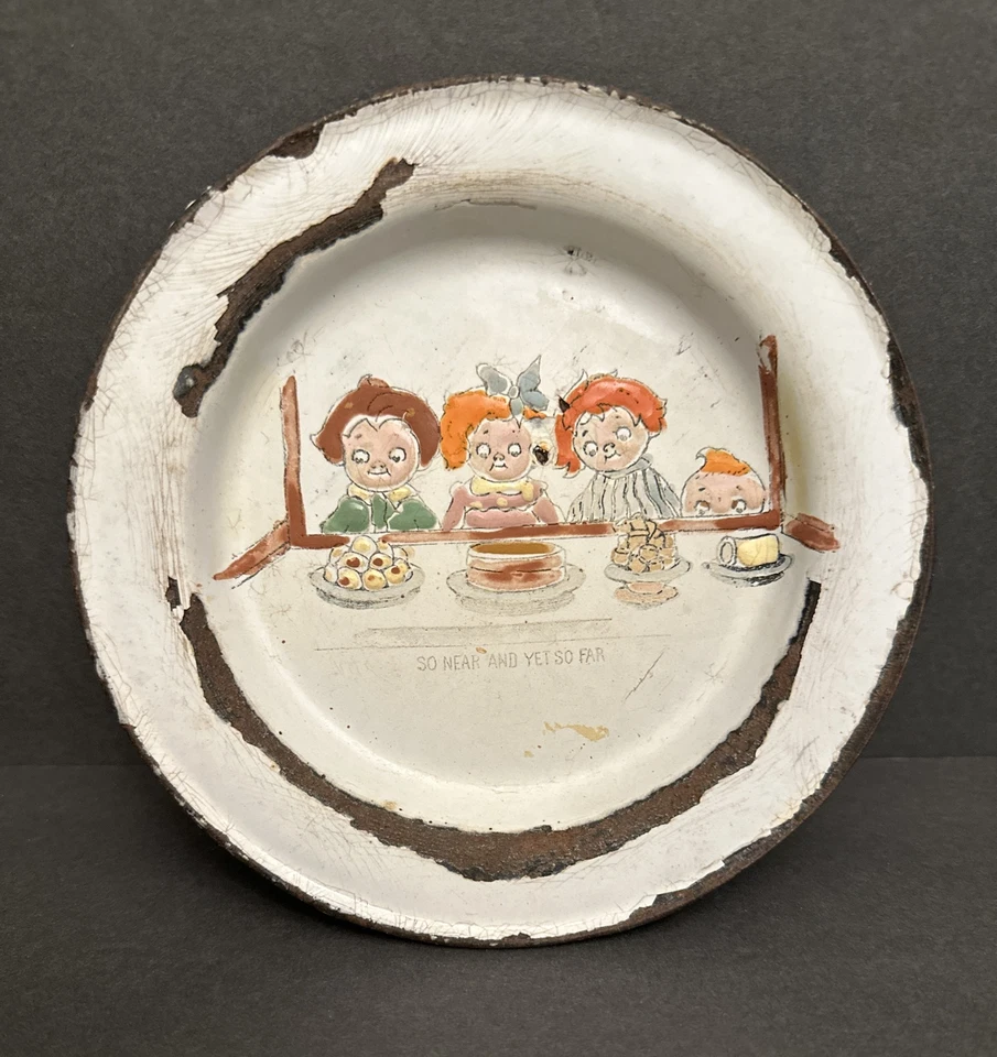 vtg hand painted enamelware PLATE primitive kid children folk art antique comic - Image 3 of 4