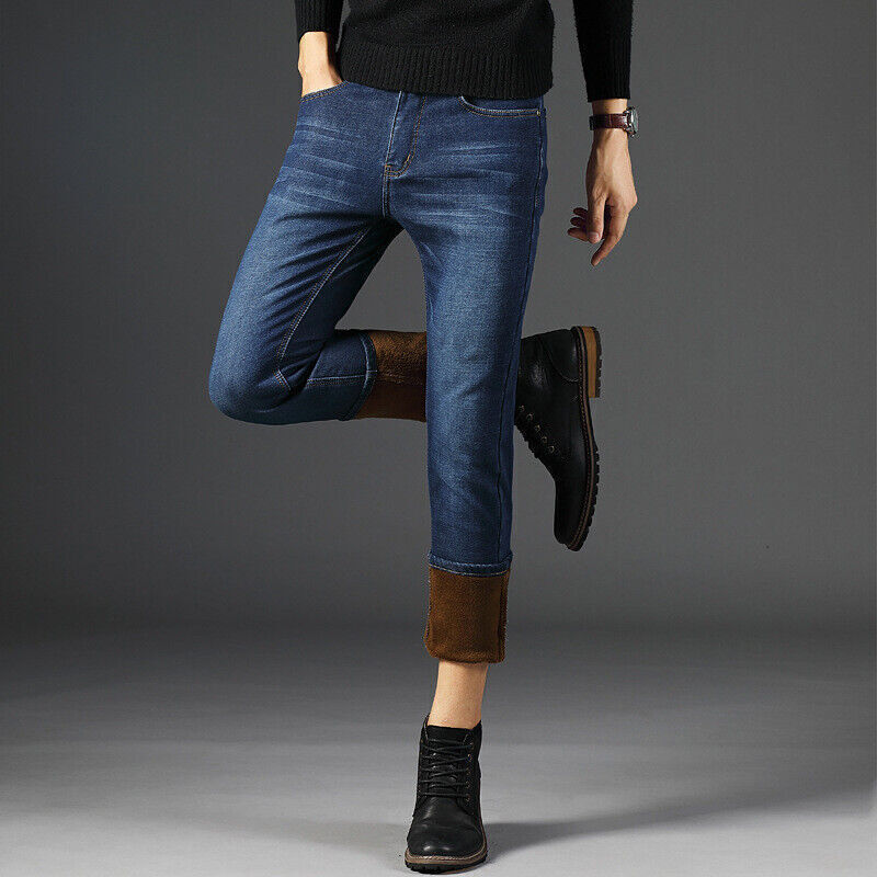 Mens Thermal Jeans Thick Velvet Denim Pants Warm Fleece Lined Jeans