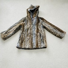 Vintage Furnatic Hood Soft Animal Print Faux Fur Coat Lined Women Size 16 80’s