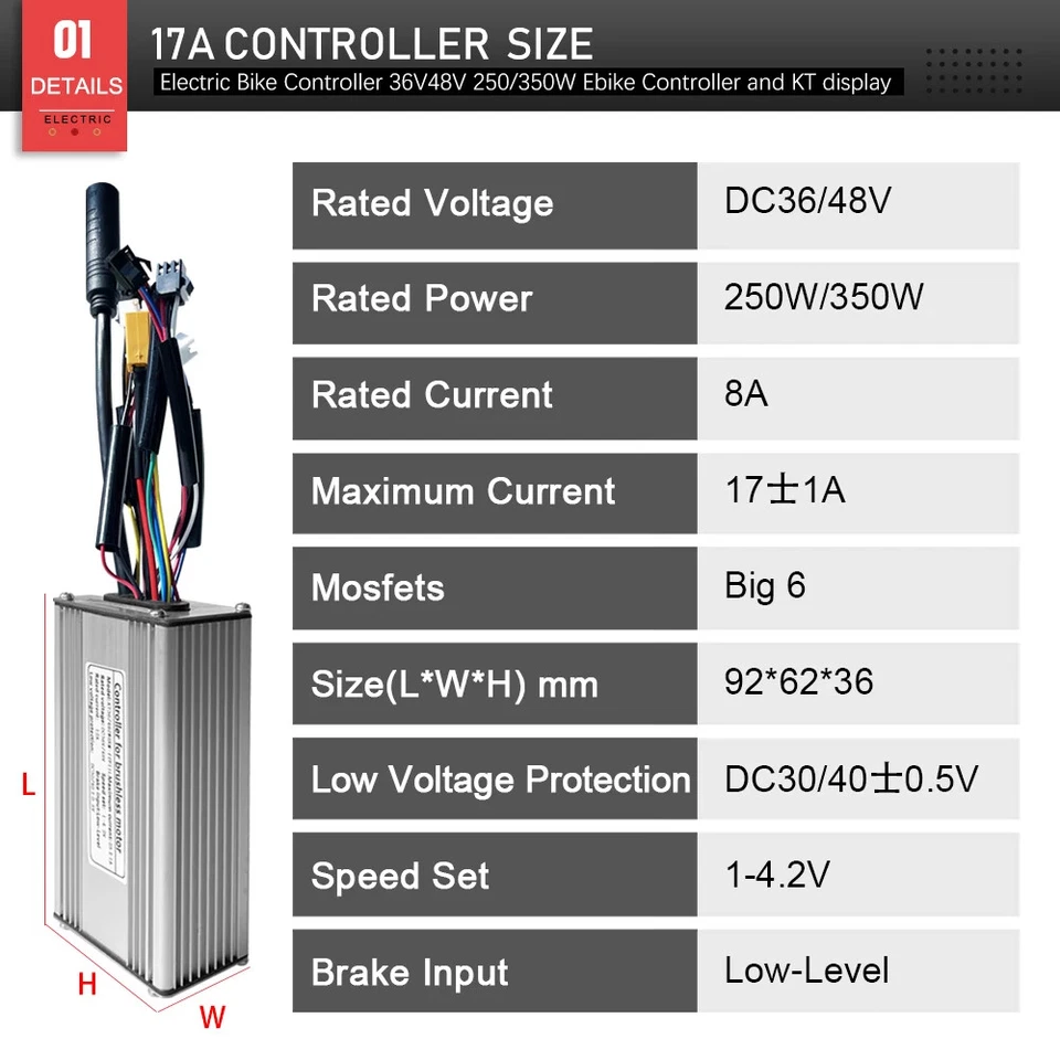 Electric Bicycle 36V/48V 17A Brushless Controller with LCD3 LCD8 LED880 Display - Image 2 of 4