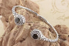 Handcrafted 925 Sterling Silver "Grounding Stone" Smokey Quartz Cuff Bracelet