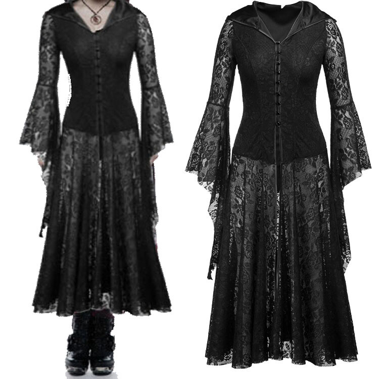 Medieval Renaissance Women Vintage Black Dress Lace Ruffle Skirt