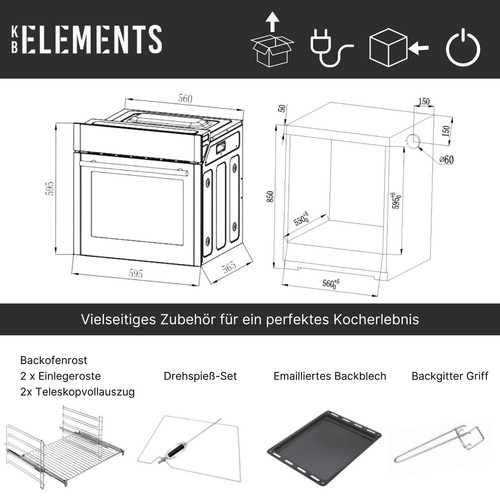KB-ELEMENTS Herdset 70L Einbaubackofen 60cm + 77cm 5-Zonen Induktionskochfeld - Bild 6 von 14