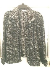 CHICO'S Size 2 or 12-14 L Jacket Black Silver Zebra print long Sleeve Cotton