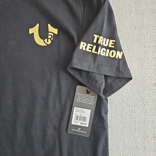 True Religion Black T-Shirt Logo Crew Lucky Horseshoe Buddha Graphic in Gold NWT - Picture 4 of 9