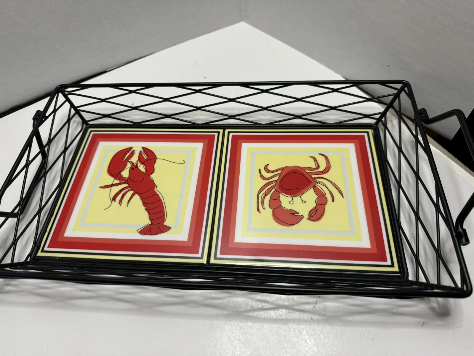 Crawfish & Crab Rectangular 14” x 8” Trivet & Wire Basket New Orleans Seafood