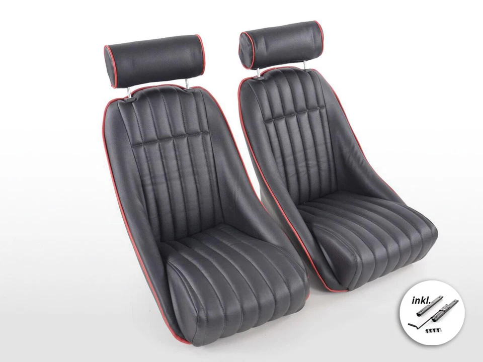 Retro Sports Classic Car Bucket Seats Set Black Faux Leather + rails + headrests