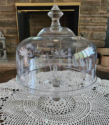Vintage Romania Etched Glass Dome Pedestal Cake Stand Plate READ