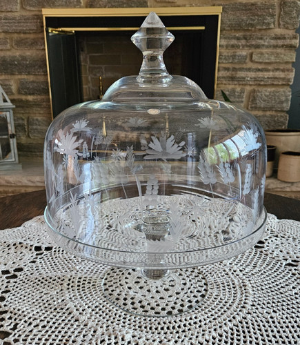 Vintage Romania Etched Glass Dome Pedestal Cake Stand Plate READ