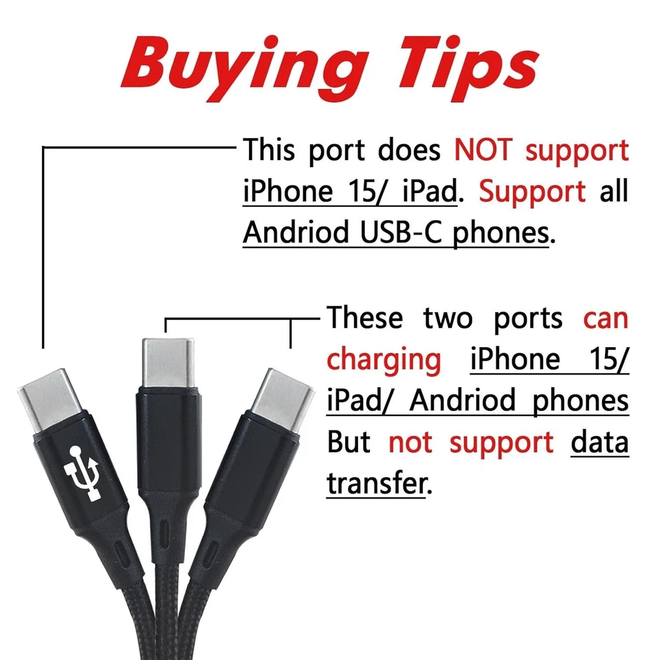 Multi USB-C Cable 3 in 1 USB-C Charging Cable Multiple Type- C USB Splitter, 4FT - Image 3 of 4