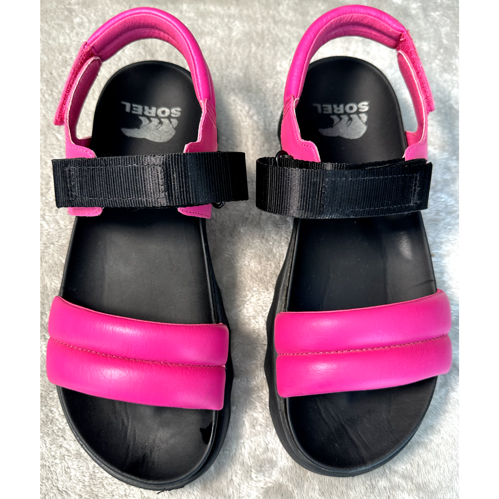 Sorel Viibe Pink Black Leather Platform Flat Sandals Women Size 9.5
