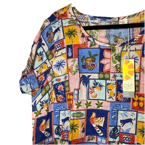 Top camicia C&C California Tropical 100% lino girocollo manica corta nuova con etichette taglia 1X - Foto 2 di 16