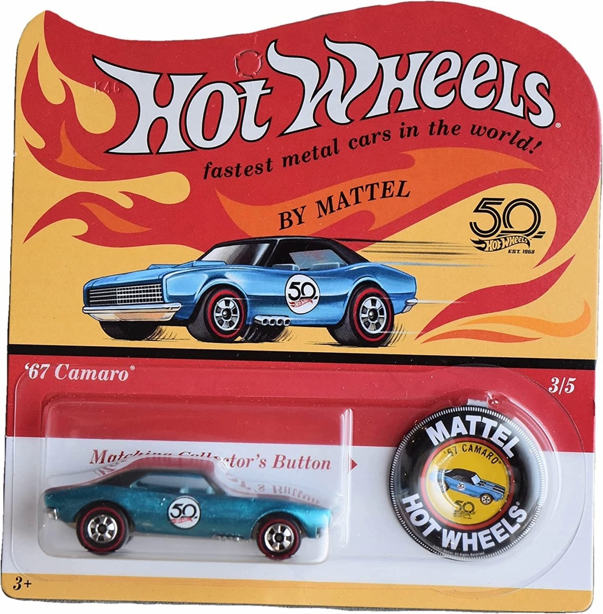 Hot Wheels '67 Camaro - 50th Anniversary Button 5.98 inches, Blue