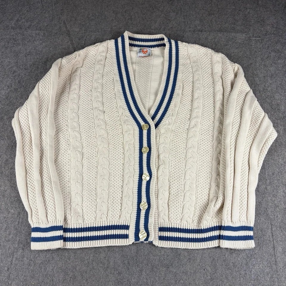 Suéter Stefanl Vintage Para Mujer XL Blanco Tejido con Cable Tenis Preppy Cárdigan Foto 2 de 4