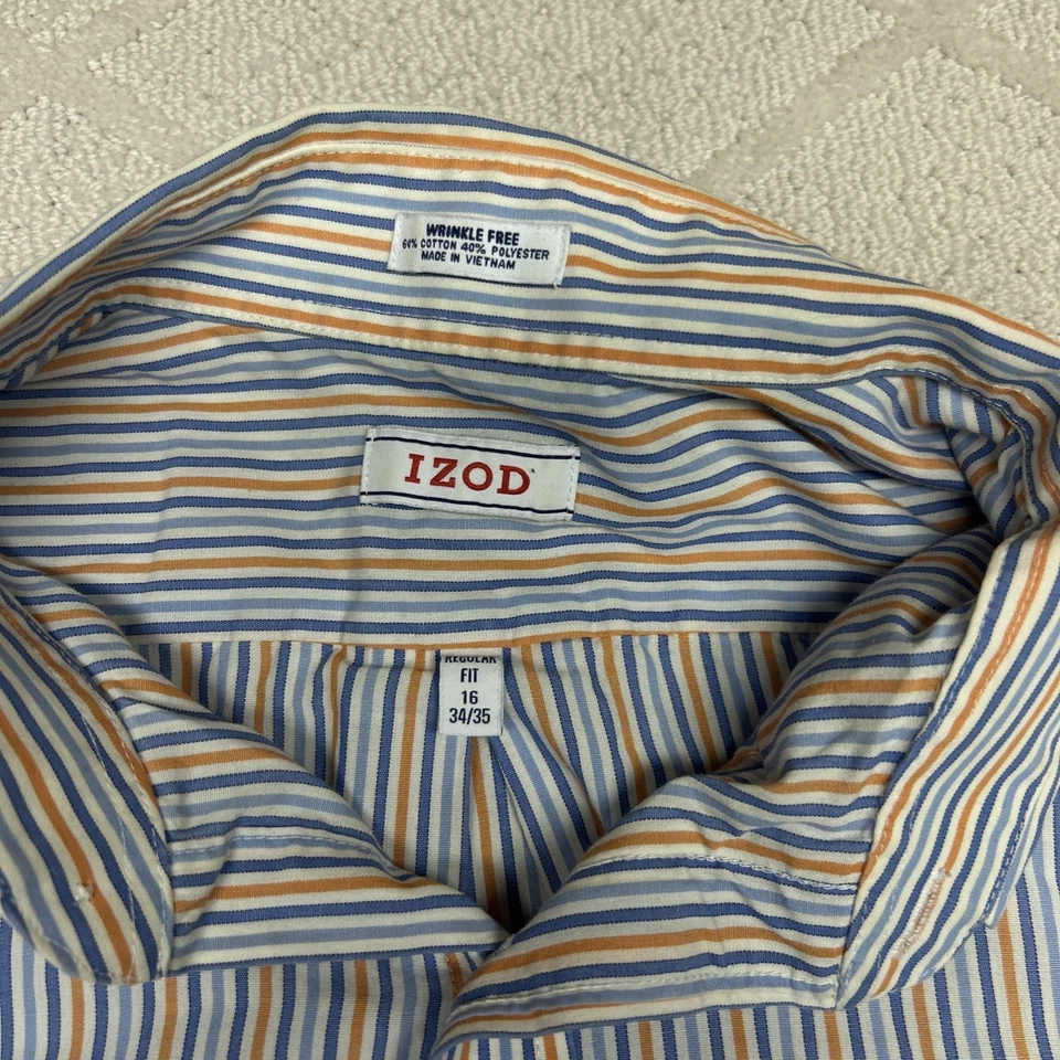Camisa Izod Para Hombre 34/35 Azul Naranja Vestido Rayas Ajuste Regular Cuello 16 D3 Foto 4 de 4