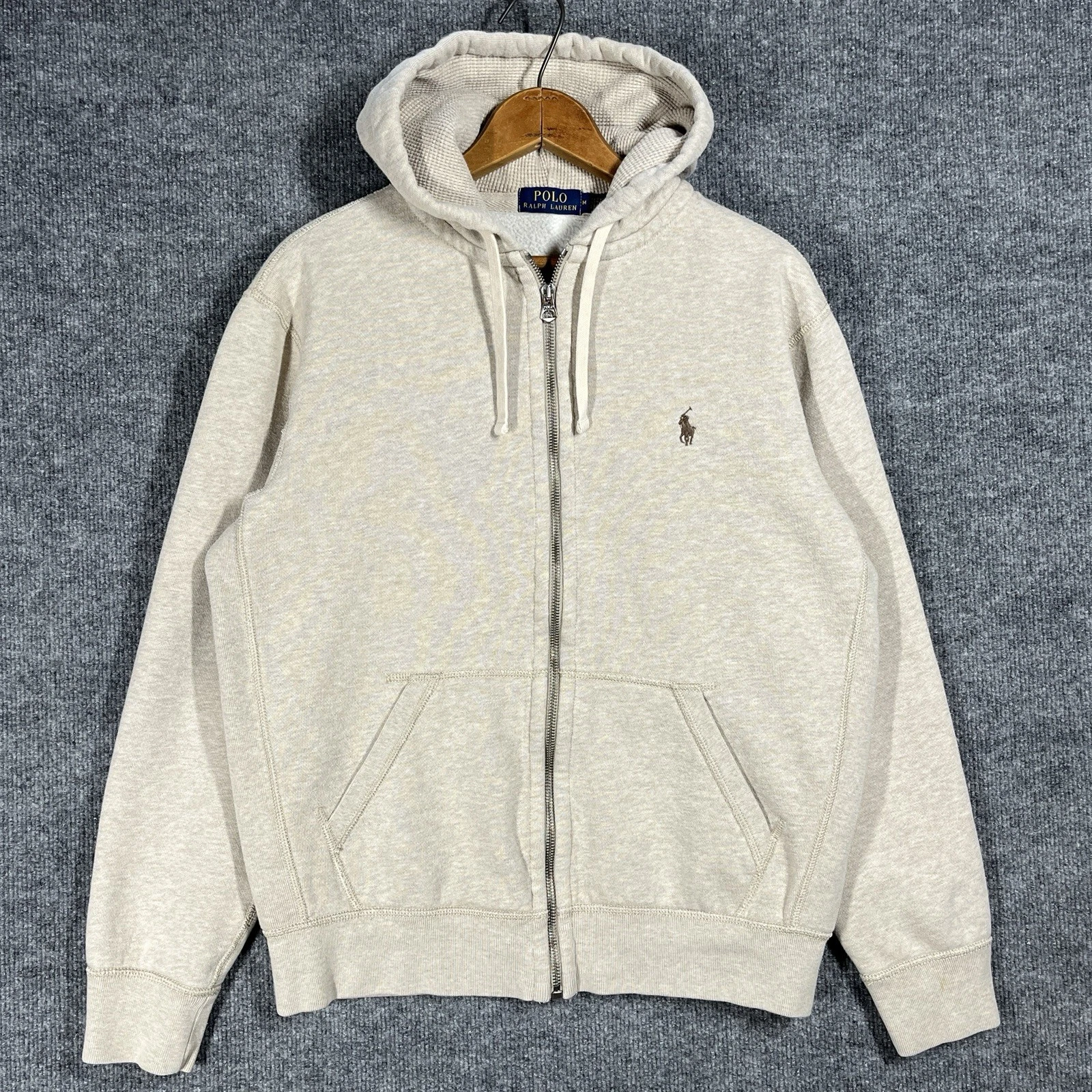 Polo Ralph Lauren Thick Zip Up Hoodie Mens Medium Jacket Gray Waffle Knit Hood
