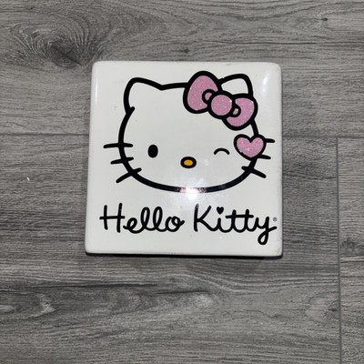 Hello Kitty Glitter Bow Ceramic Block Box Sign 5x5''  Wink White Pink Bow Heart