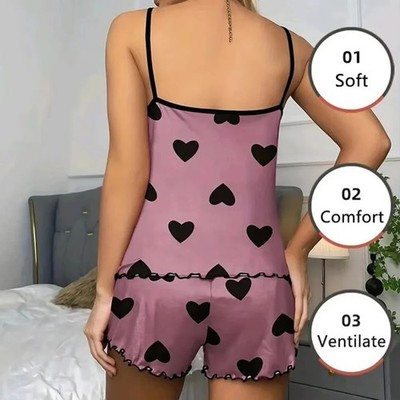 Damen Rosa Herz Pyjama Set Kurzarm Oberteil Shorts Sommer Nachtwäsche
