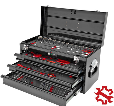 TUSK 3 Drawer Moto Tool Box with Lock, 129pc Tool Set Chrome