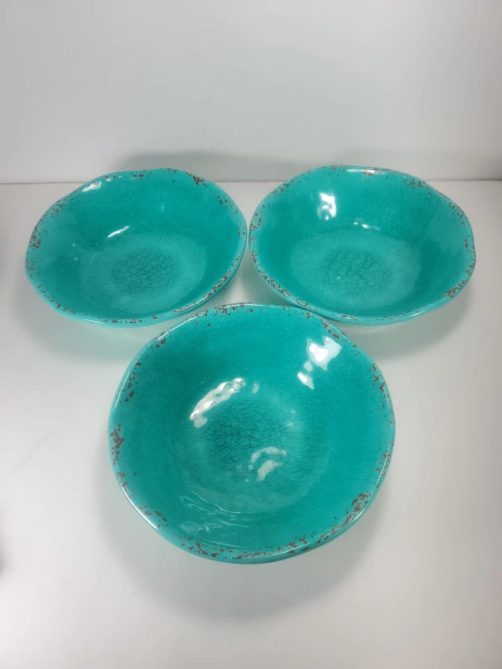 Pier 1 Azul Turquesa 3 piezas Rústico Crackle Melamina Cuencos Ensalada de Cereales Envejecido Foto 2 de 4