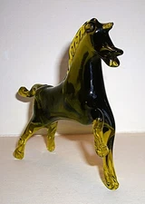 Vtg 1950s RAINBOW Hand Blown Avocado Green Art Glass Prancing Horse Figurine