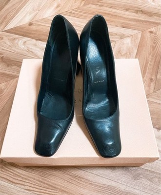 靴 Prada Black Leather Heels 38 Rare PRADA Black Leather Square Toe Chunky Heel Pumps Size 38/US