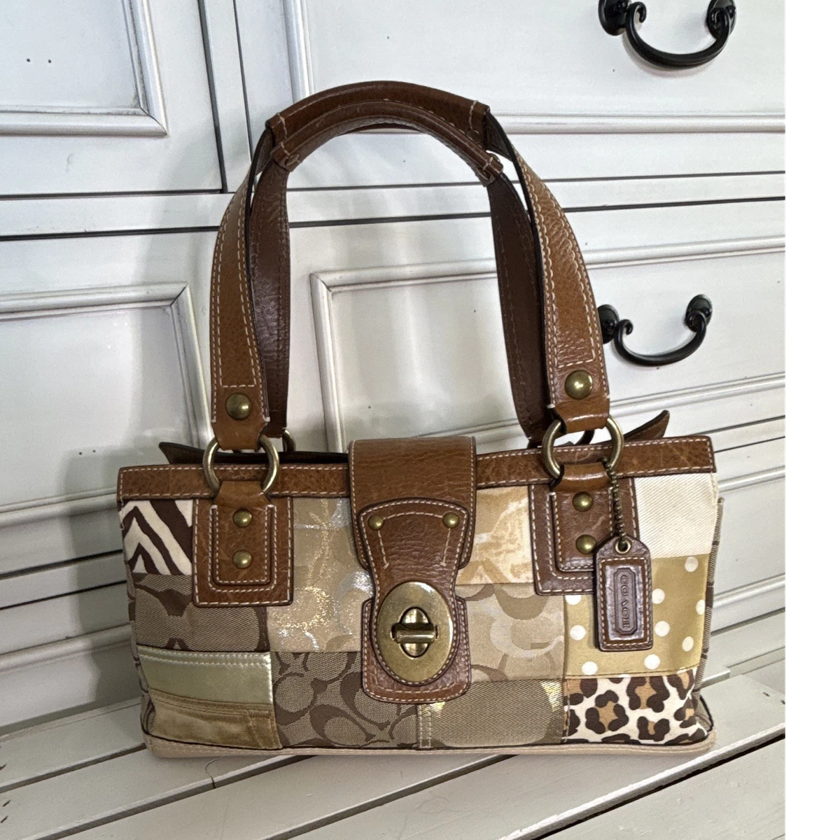 バッグ COACH ToteBag Patchwork Turn Lock Gold Coach Patchwork Canvas Exterior Satchel/Top Handle Bag Handbags